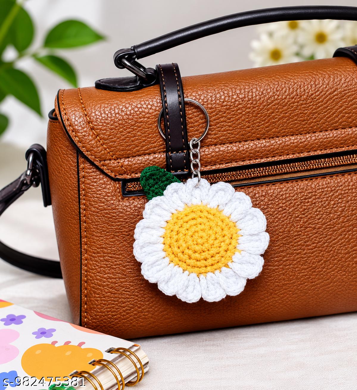 Handmade Crochet Daisy Flower Keychain for Bags, Keys  (White & Yellow)