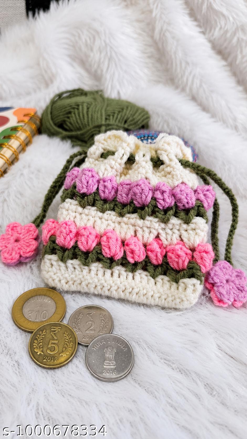 Handmade Crochet Floral Drawstring Coin Pouch | Mini Storage Bag | Cute Gift Pouch for Women & Girls