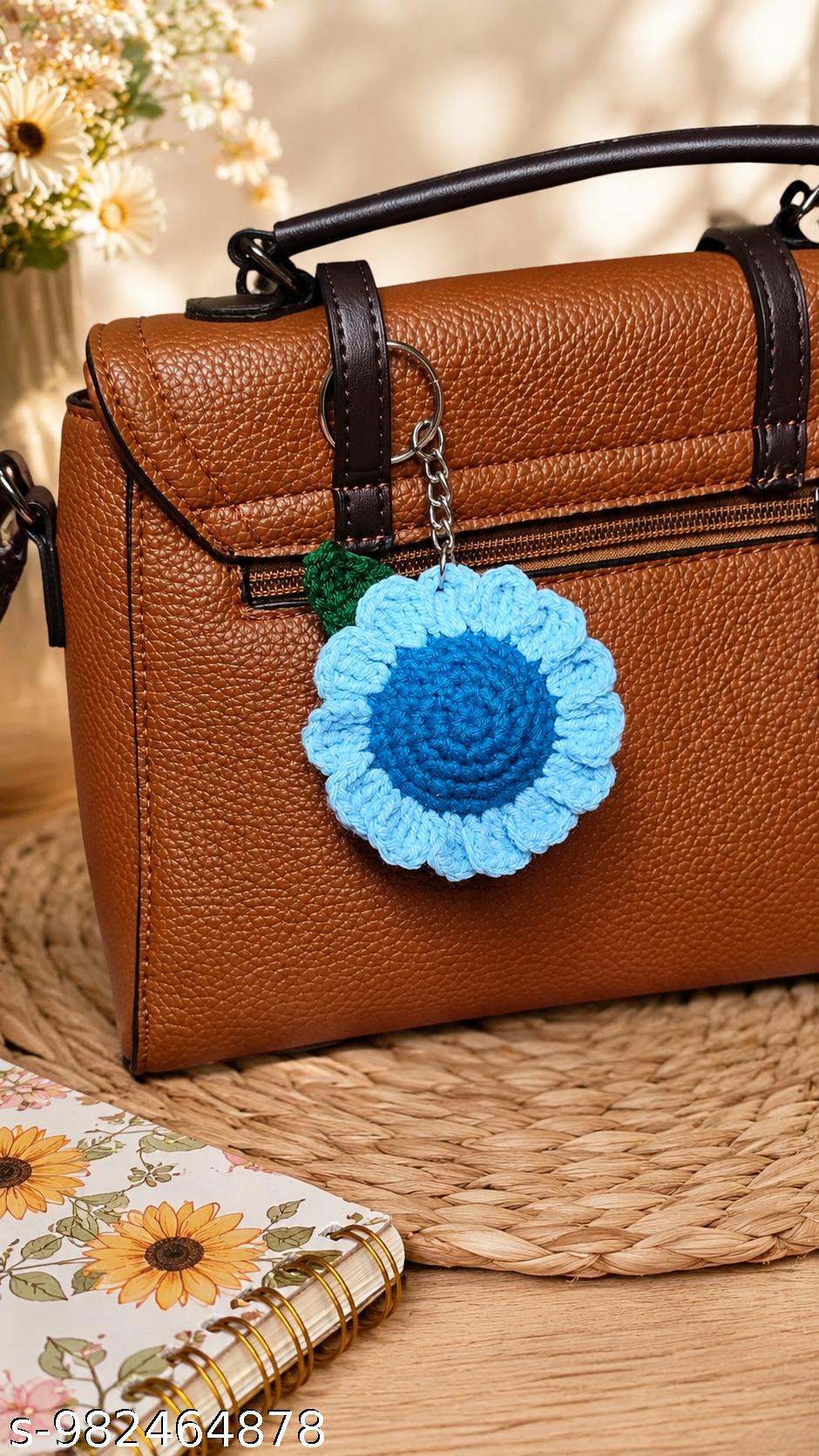 Handmade Crochet Flower Keychain | Blue Floral Bag Charm | Cute Key Ring for Women