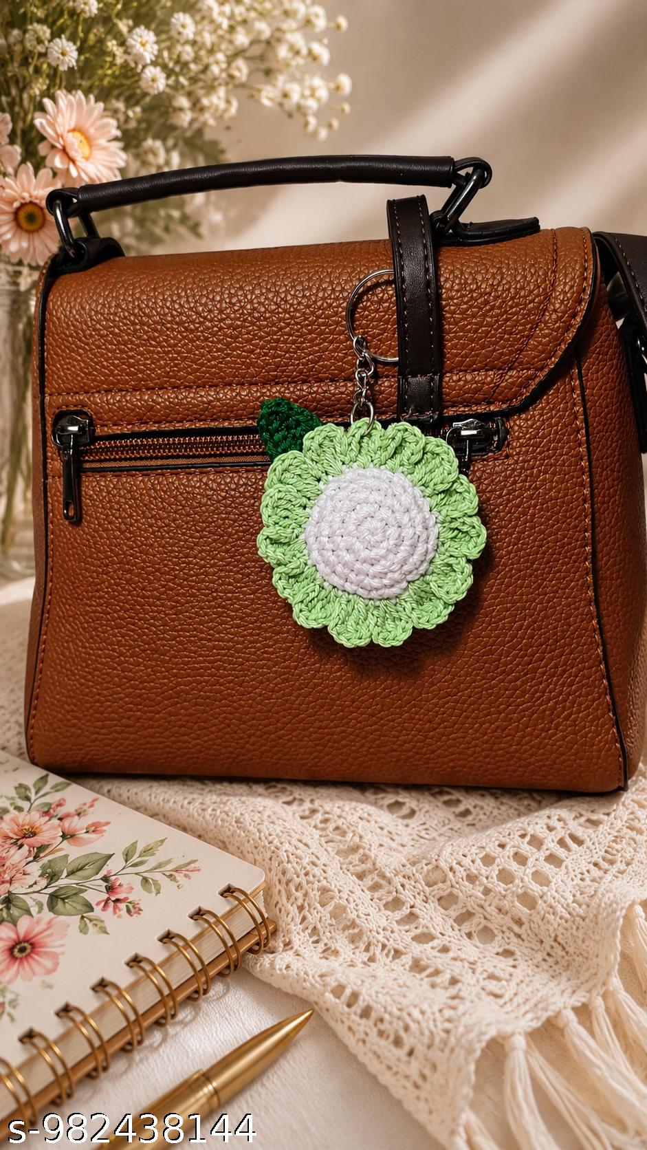 Handmade Crochet Flower Keychain for Bags, Keys & Gifts(parrot green and white)