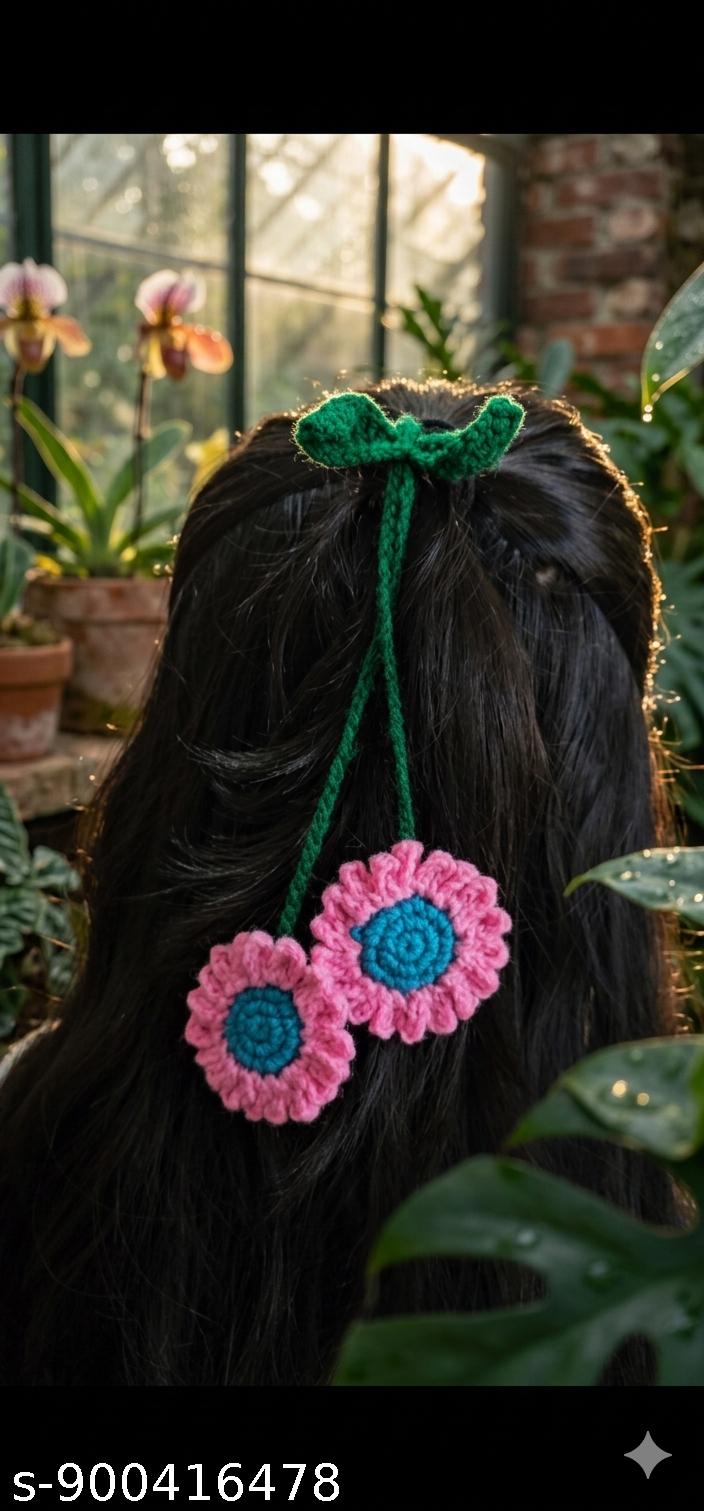 Handmade Crochet Pink Flower Hair Tie with Leaf – Aesthetic Floral Hair Accessory for Girls & Women