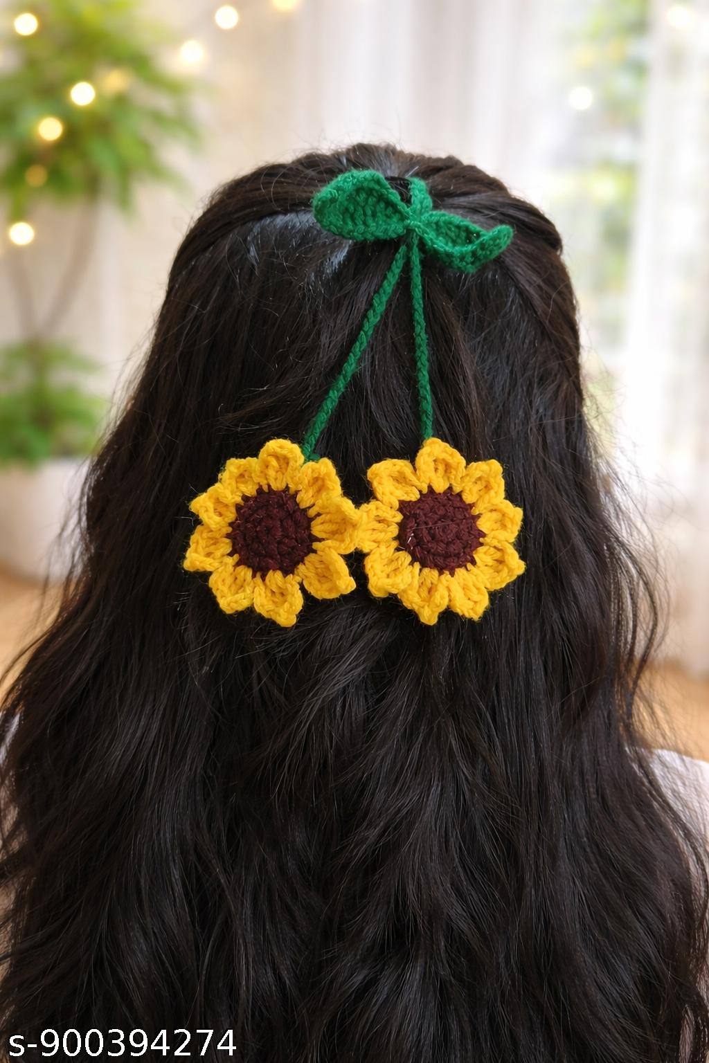 Handmade Crochet Sunflower Hair Tie with Leaf – Floral Elastic Hair Accessory for Women & Girls