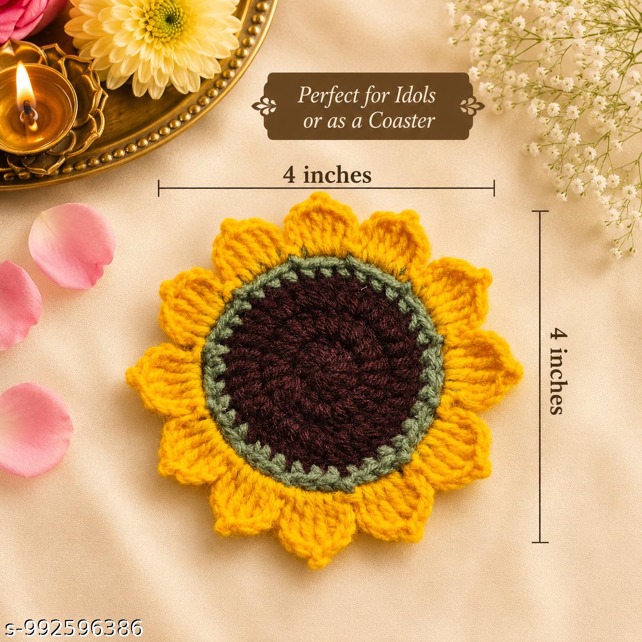 (Pack of 2) Handmade Crochet Sunflower Idol Aasan / Tea Coaster (4 Inches)