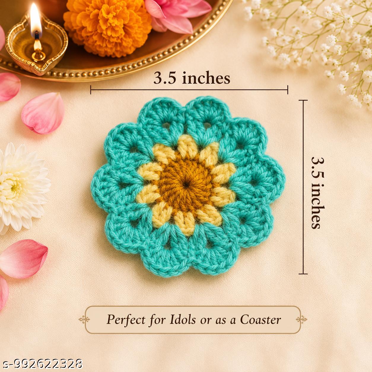 (Pack of 2)Handmade Crochet Flower Idol Aasan / Tea Coaster | Round Cotton Yarn Mat | Pooja Chowki Decor | 3.5 Inch |