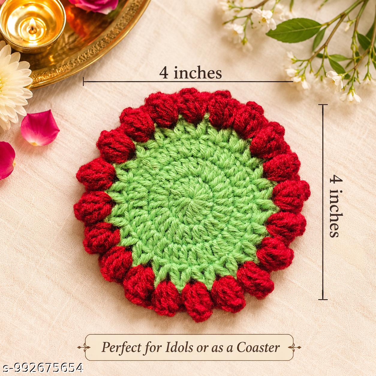 (Pack of 2)Handmade Crochet Idol Aasan & Tea Coaster | 4 Inch Round Decorative Mat | Reusable Table Decor | Green with Red Border