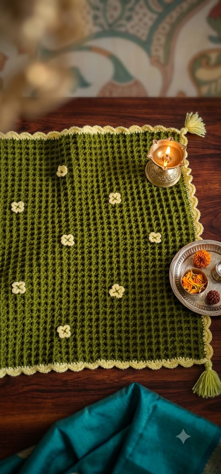 Green & Cream Premium Woolen Crochet Puja Aasan